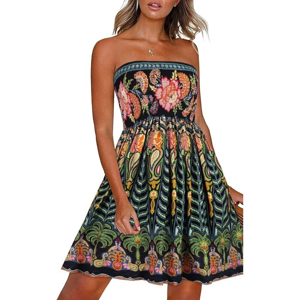 Women Boho Color Floral Strapless Off Shoulder Cover Ups Casual Beach Sundress